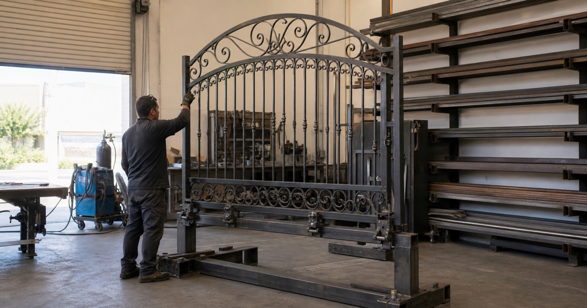 Finished ornamental iron gate leaf clamped upright in a fabrication stand