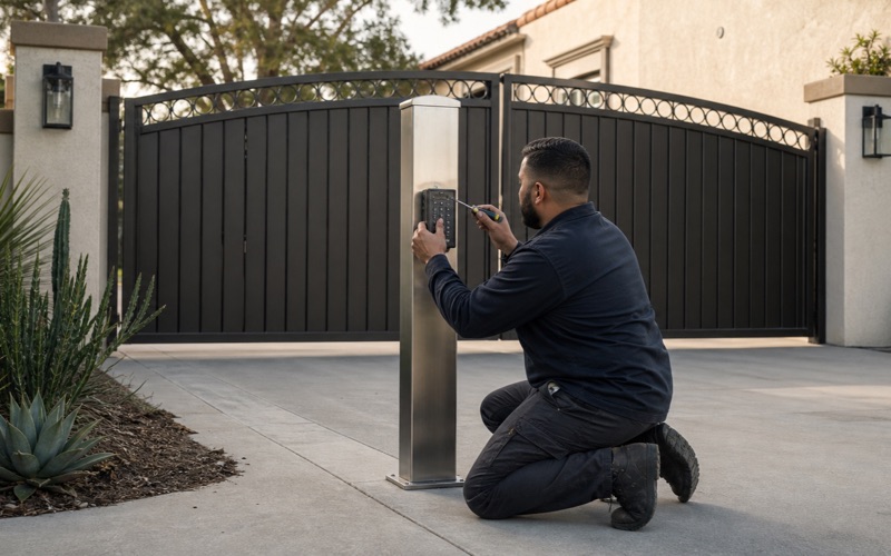 Keypad and intercom pedestal beside a closed residential driveway gate
