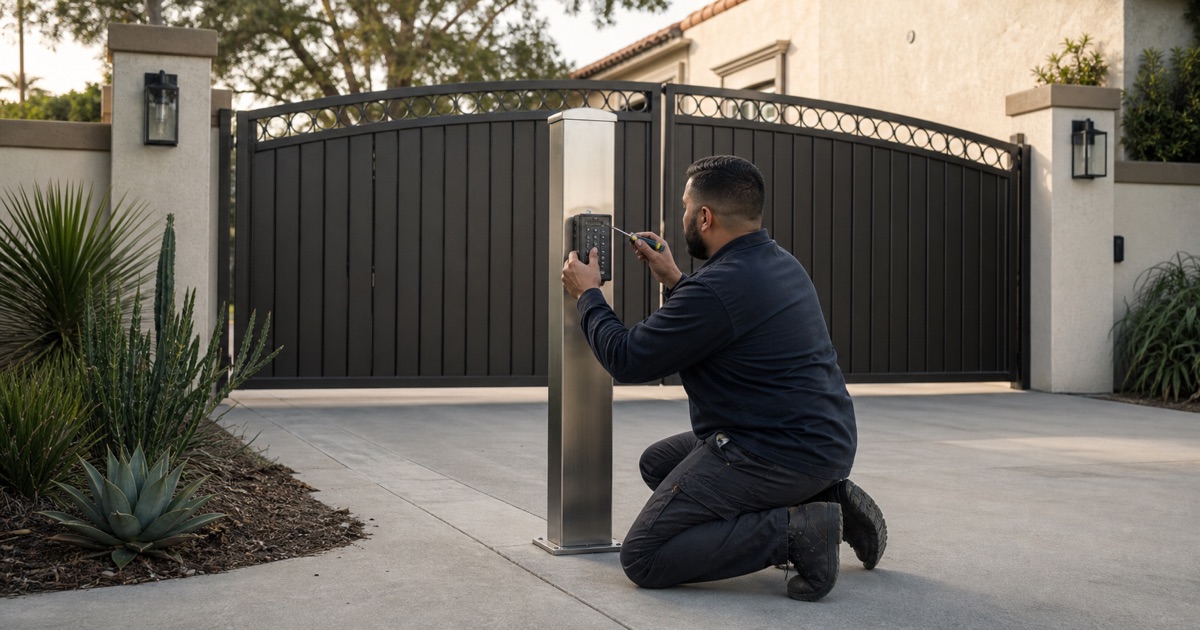 Keypad and intercom pedestal beside a closed residential driveway gate