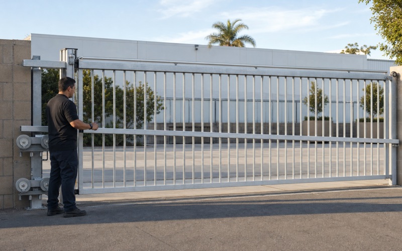 Aluminum cantilever slide gate part-way open showing its counterbalanced tail