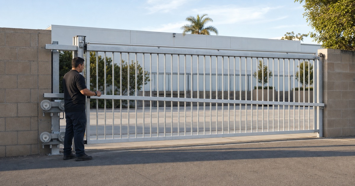 Aluminum cantilever slide gate part-way open showing its counterbalanced tail