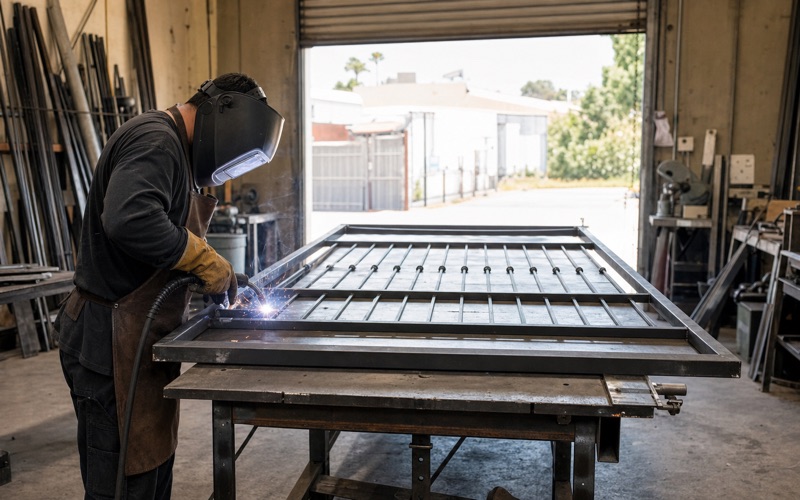 Welder building a steel gate frame in a metal fabrication shop