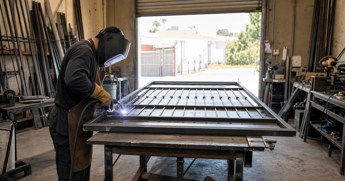 Welder building a steel gate frame in a metal fabrication shop
