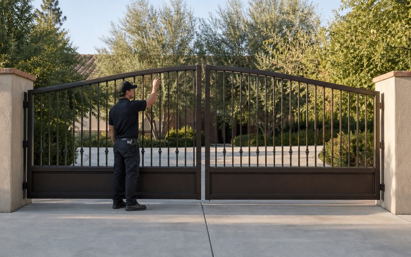 Double swing driveway gates in bronze steel hung between stucco pilasters