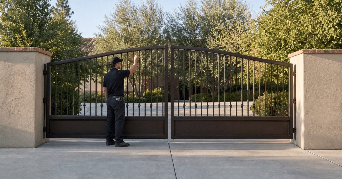 Double swing driveway gates in bronze steel hung between stucco pilasters