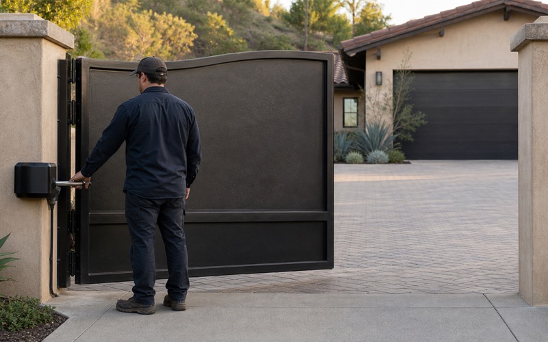 Technician servicing an opened swing gate operator on a residential post