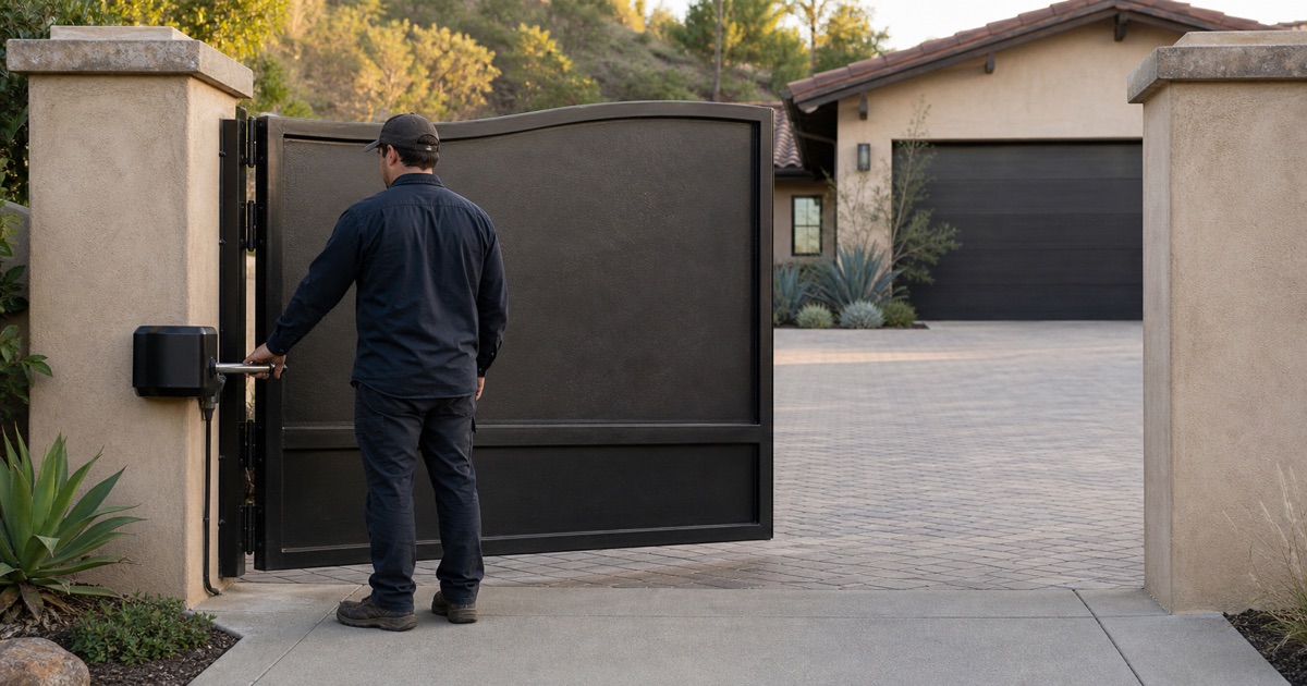 Technician servicing an opened swing gate operator on a residential post