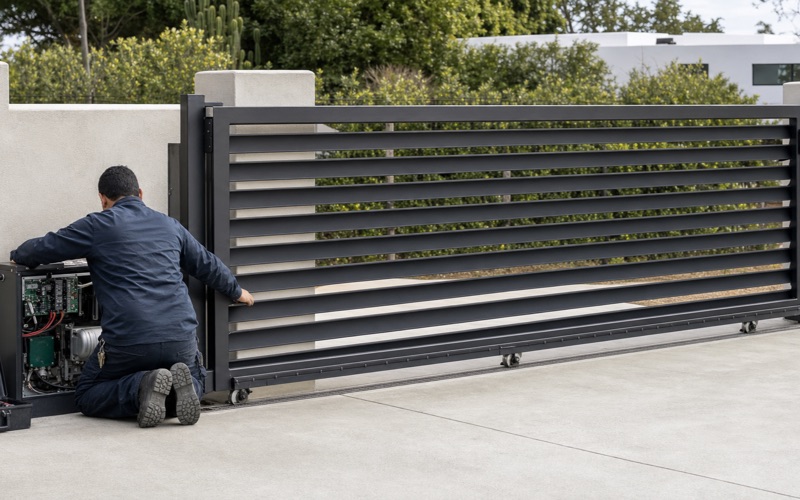 Technician repairing a sliding gate operator beside a residential driveway