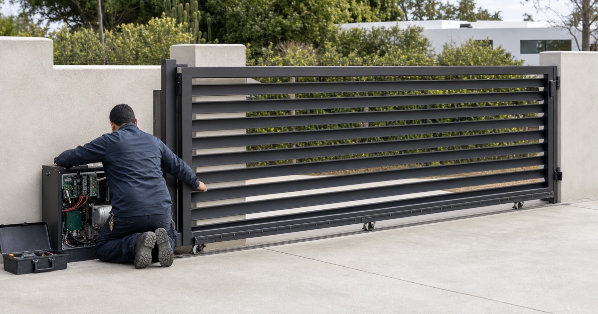 Technician repairing a sliding gate operator beside a residential driveway