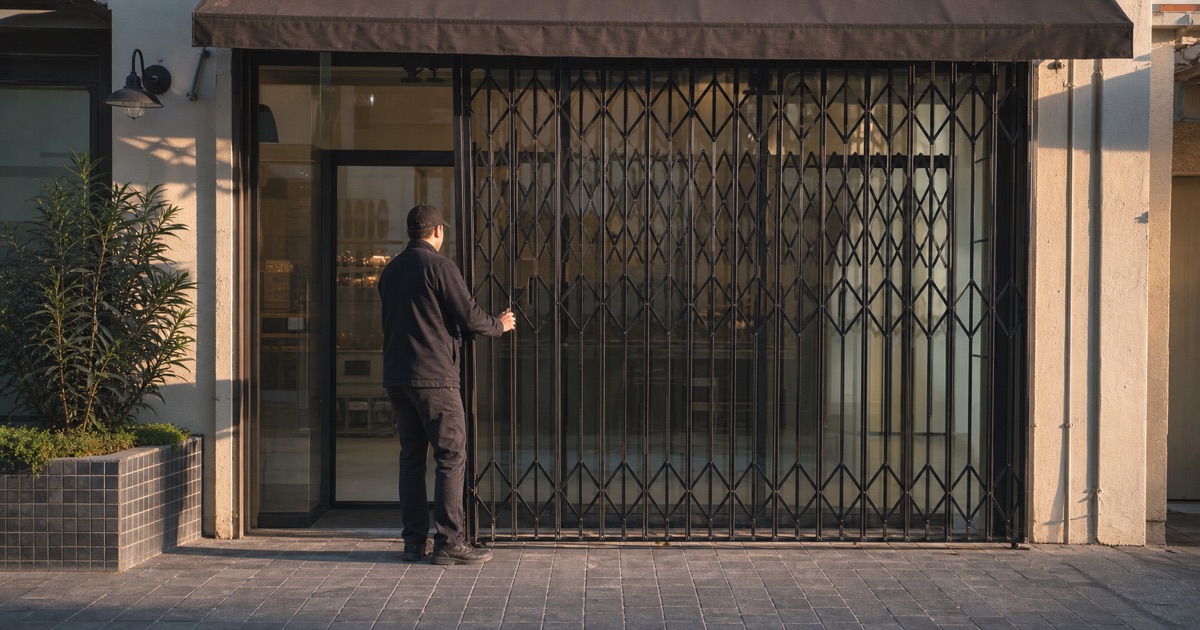 Folding scissor security gate closed across a shopfront in Artesia, CA