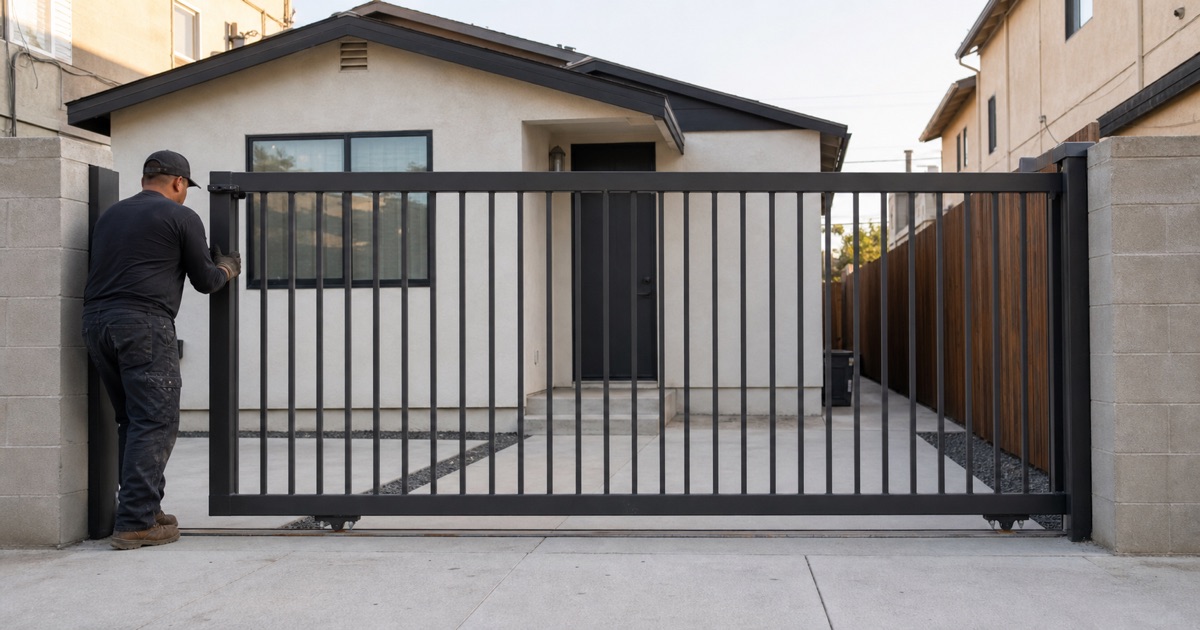 Sliding driveway gate on a narrow lot with houses close either side in Bell, CA