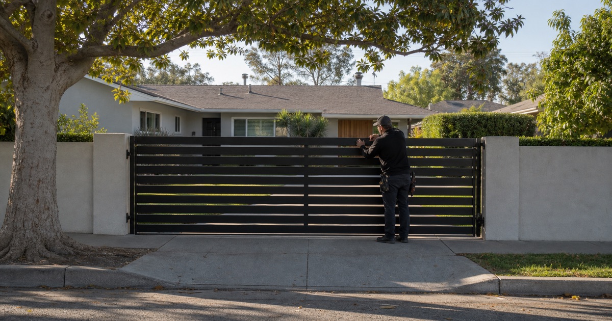 Horizontal slat driveway gate on a 1950s tract frontage in Bellflower, CA