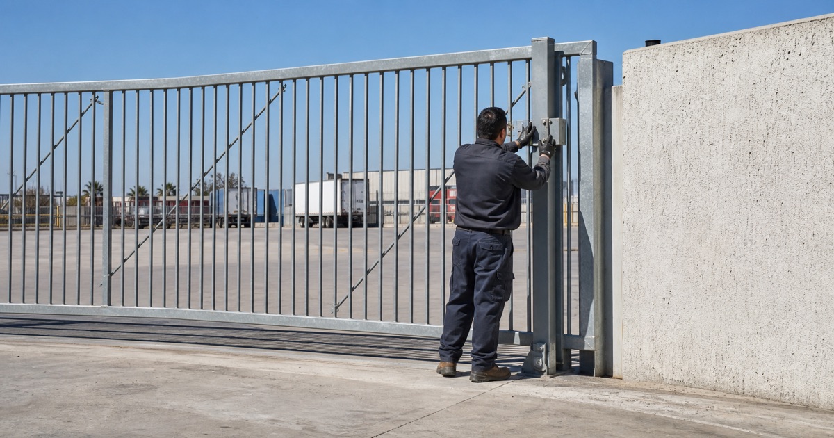 Steel slide gate open at a distribution yard entrance in Commerce, CA