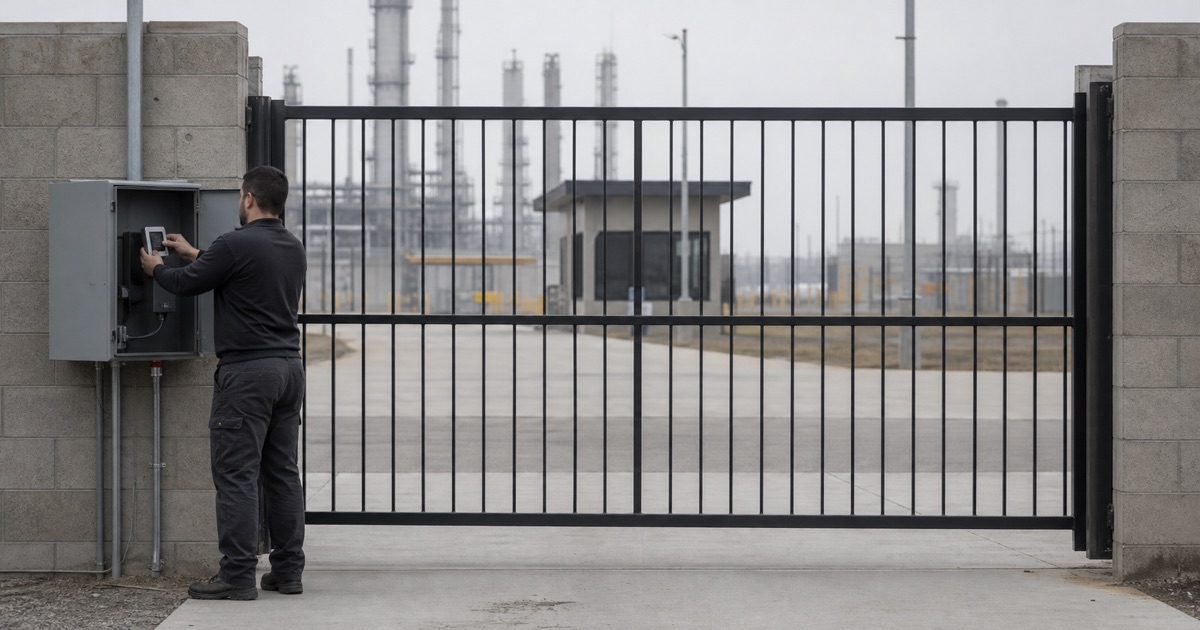 Tall barred security gate at a controlled site entrance in El Segundo, CA