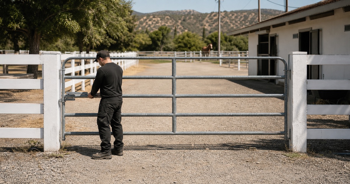 Wide galvanized gate with flush hardware on a horse property in Los Alamitos, CA