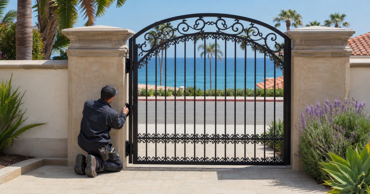 Ornamental iron entrance gate on a coastal street in Palos Verdes Estates, CA