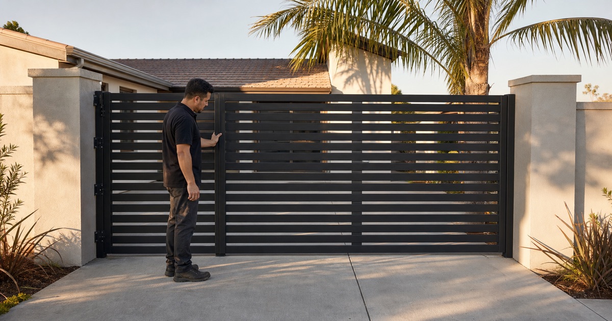 Matte black horizontal slat driveway gate closed across a concrete driveway in Paramount, CA