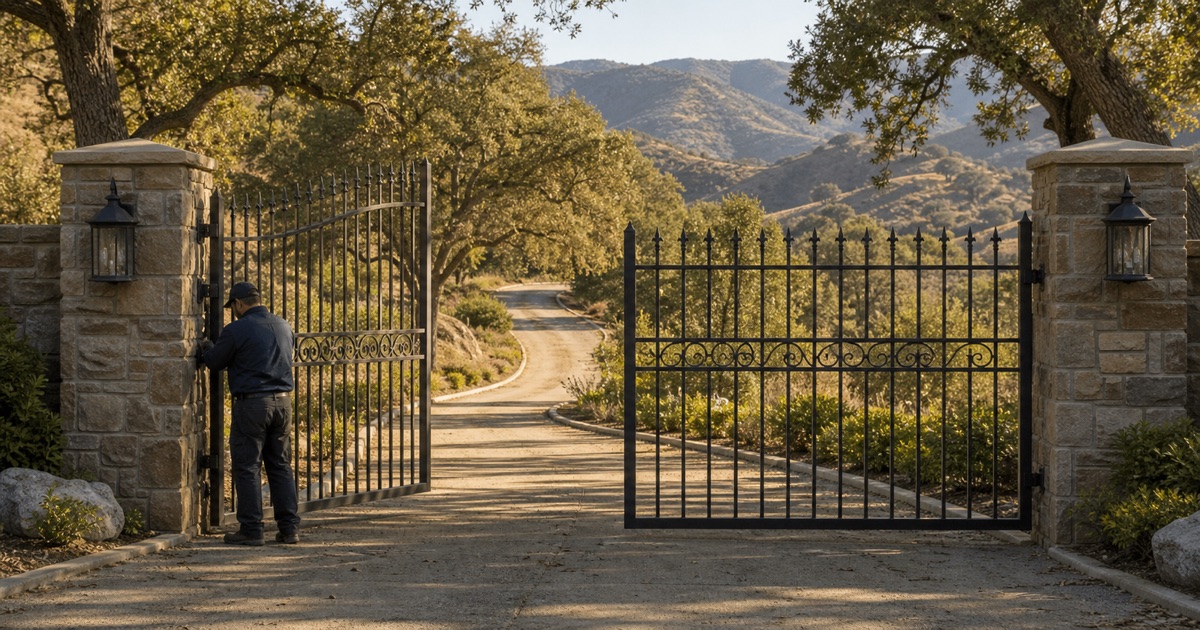 Ornamental iron entrance gate on a wooded estate lot in Rolling Hills Estates, CA