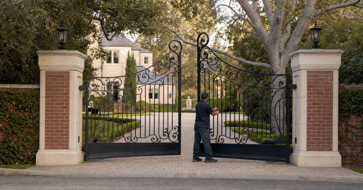 Formal ornamental iron estate gates between brick pilasters in San Marino, CA
