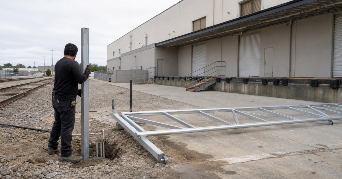 Aluminum cantilever gate across an industrial park entrance in Santa Fe Springs, CA