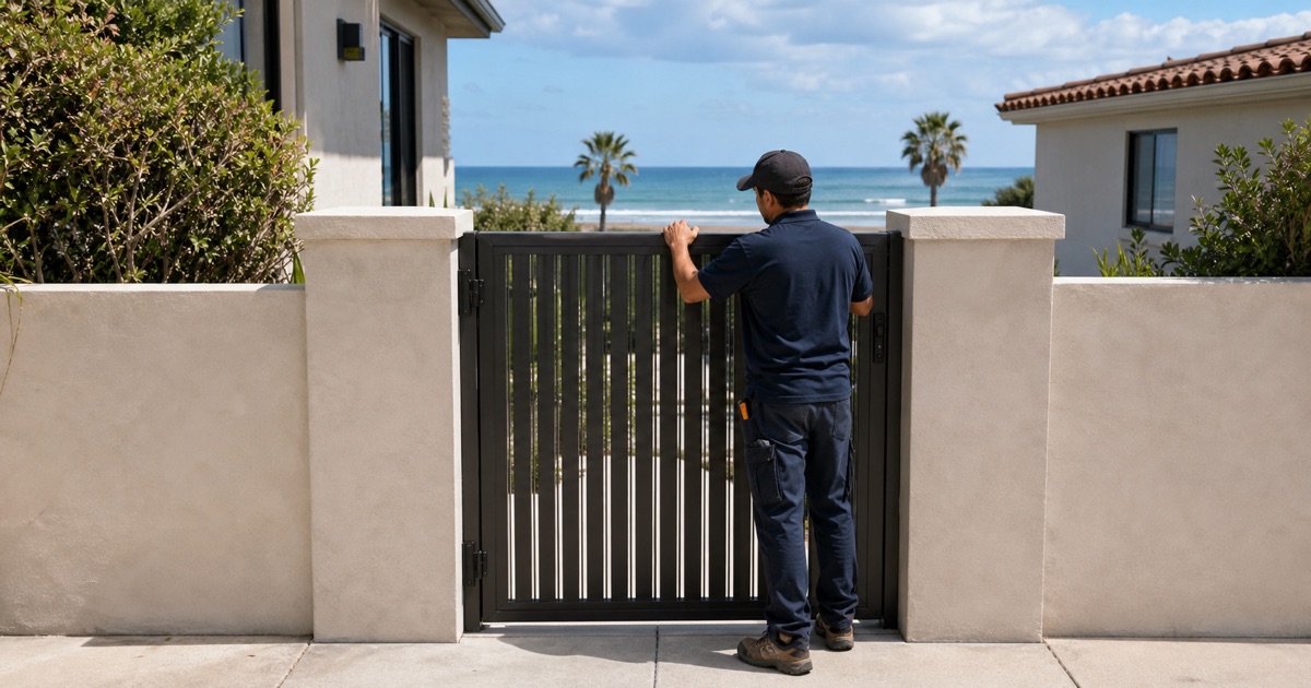 Powder-coated aluminum pedestrian gate on a coastal property in Seal Beach, CA