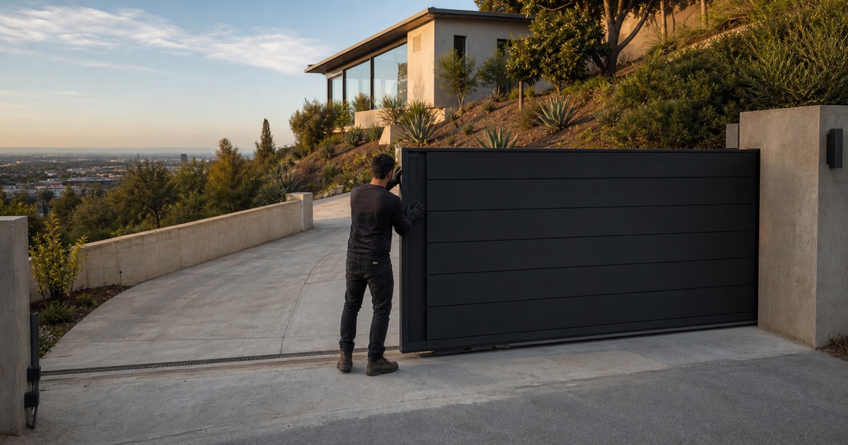 Sliding driveway gate at the foot of a steep hillside drive in Signal Hill, CA