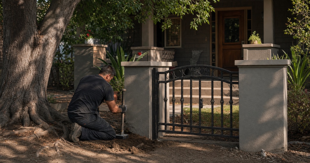 Low ornamental iron gate in front of a Craftsman house under mature trees in South Pasadena, CA