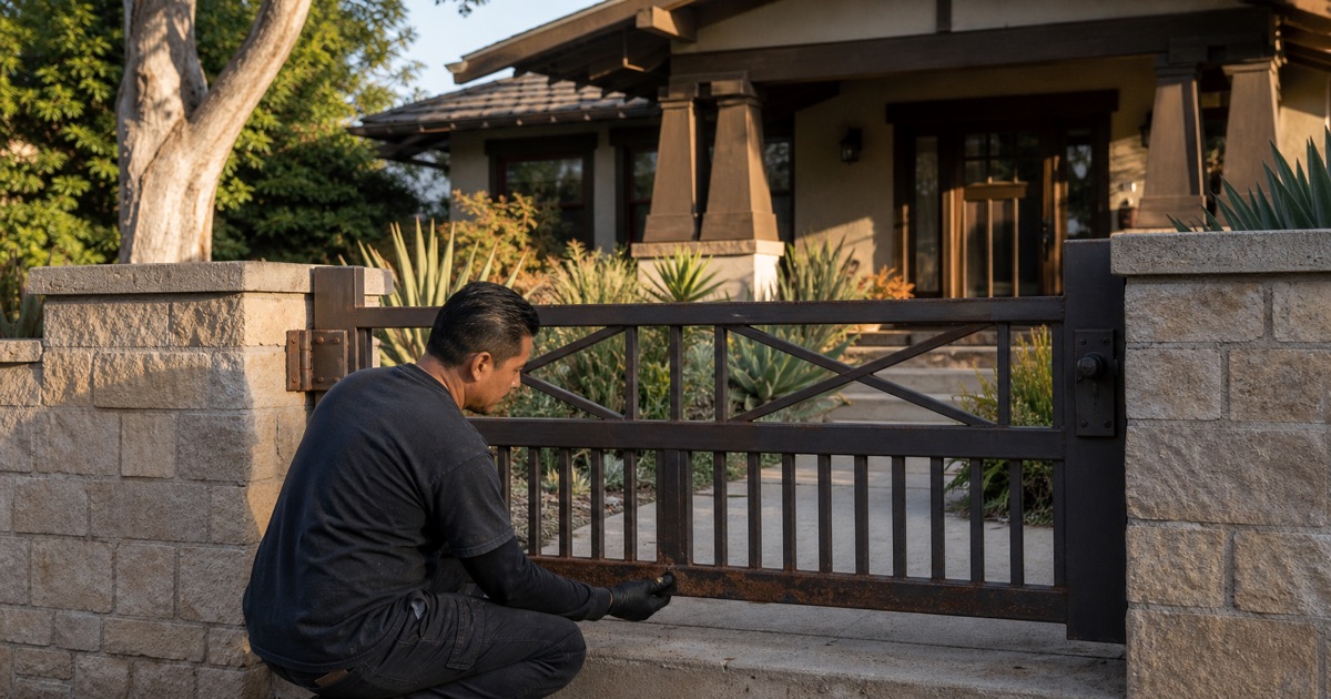 Ornamental iron gate in front of a 1920s Craftsman bungalow in Whittier, CA
