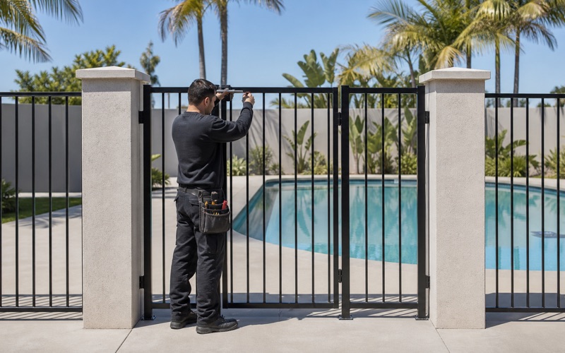Black vertical picket pool safety gate closed and latched beside a pool deck