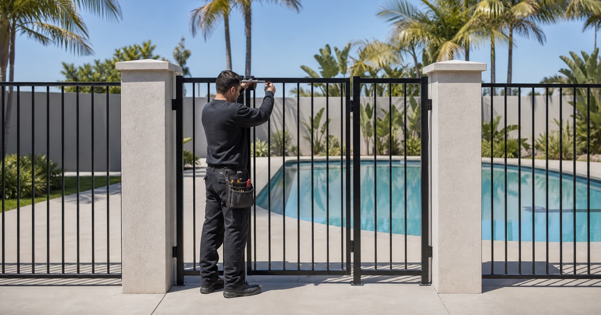 Black vertical picket pool safety gate closed and latched beside a pool deck
