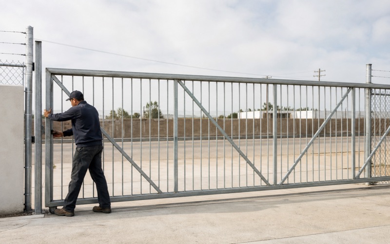 Galvanized steel cantilever slide gate closed across an industrial yard entrance