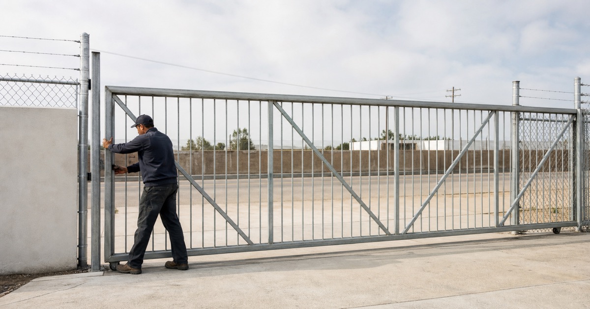 Galvanized steel cantilever slide gate closed across an industrial yard entrance