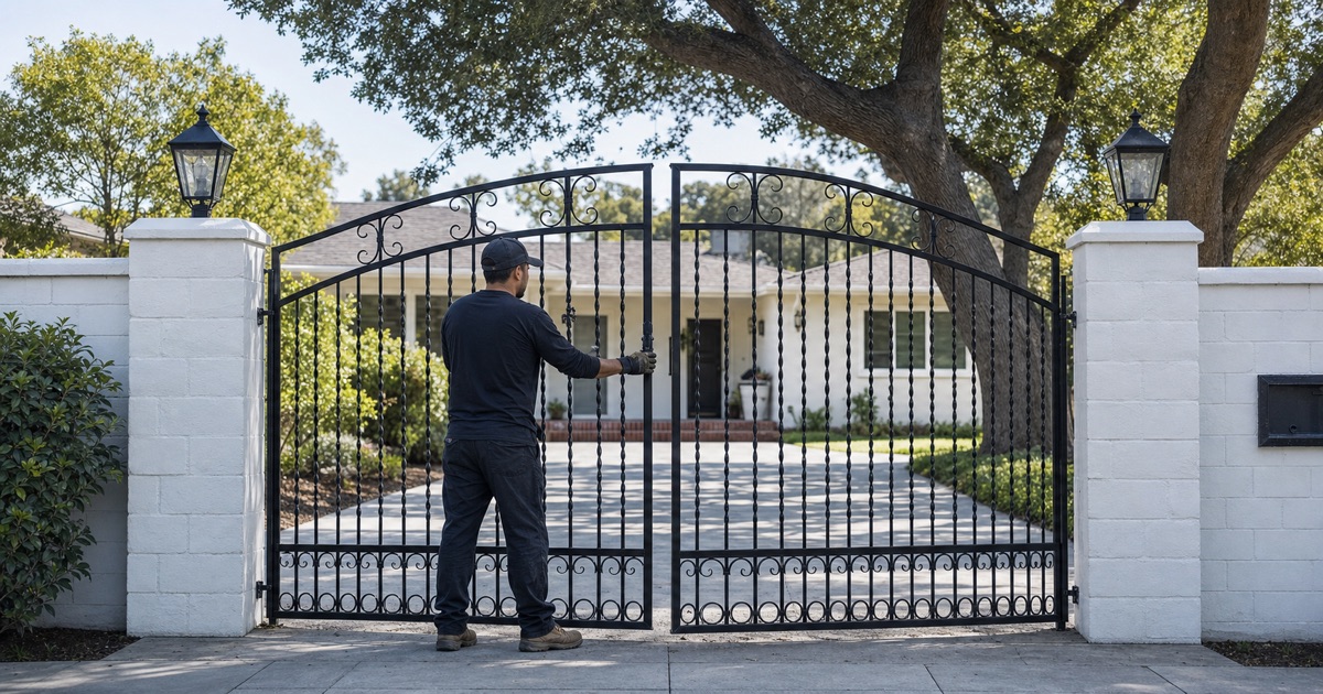 Wrought iron double driveway gate with scrollwork on an established Downey, CA street